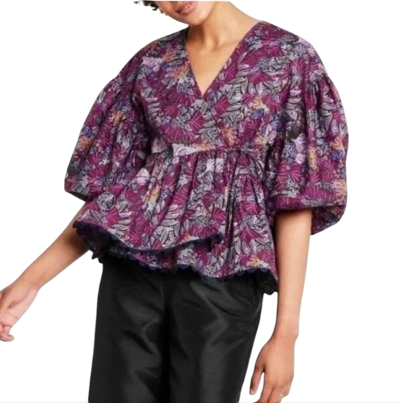 Kika Vargas Tops - Kika Vargas for Target Vibrant purple puffy sleeve wrap Floral Blouse sz L